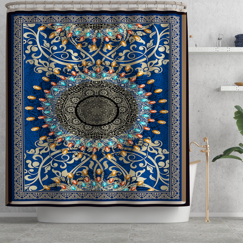 New Blue Color Colorful Beads Pattern Printing Shower Curtain Four-Piece Bathtub Non-Slip Mat Set Bath Mat 4sets