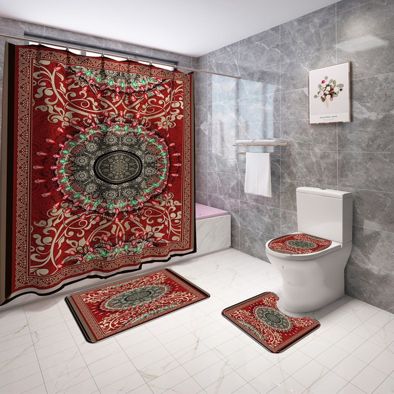 New Blue Color Colorful Beads Pattern Printing Shower Curtain Four-Piece Bathtub Non-Slip Mat Set Bath Mat 4sets