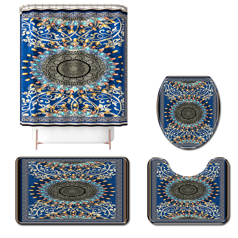 New Blue Color Colorful Beads Pattern Printing Shower Curtain Four-Piece Bathtub Non-Slip Mat Set Bath Mat 4sets