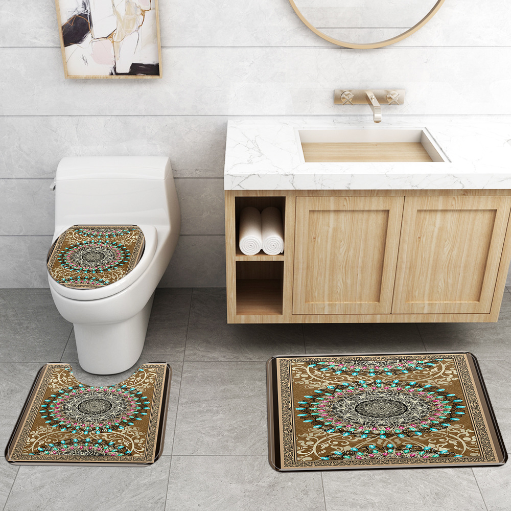 New Blue Color Colorful Beads Pattern Printing Shower Curtain Four-Piece Bathtub Non-Slip Mat Set Bath Mat 4sets