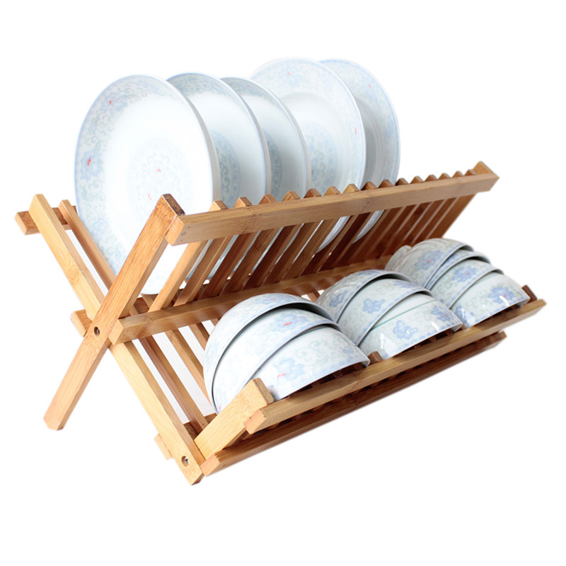 Bamboo Double-Layer Dish Rack Plate Rack Draining Rack Solid Wood Kitchen Storage Rack Dish Rack Bowl Bar with Chopsticks Cage Storage Rack