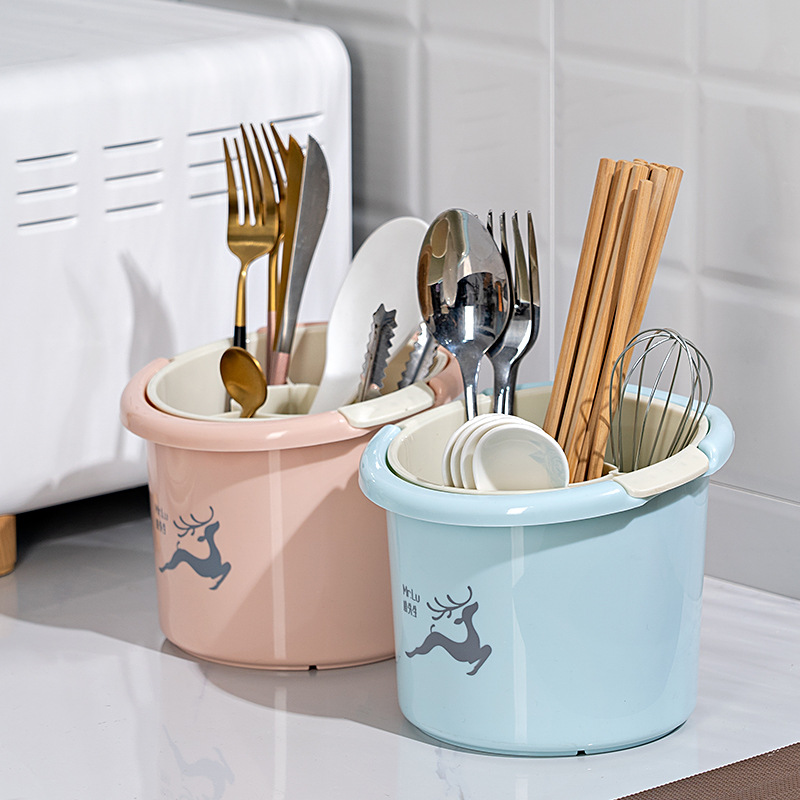 Yimei New Kitchen Double-Layer Chopsticks Cage round Chopsticks Storage Bucket Multifunctional Chopsticks Tableware Drainer