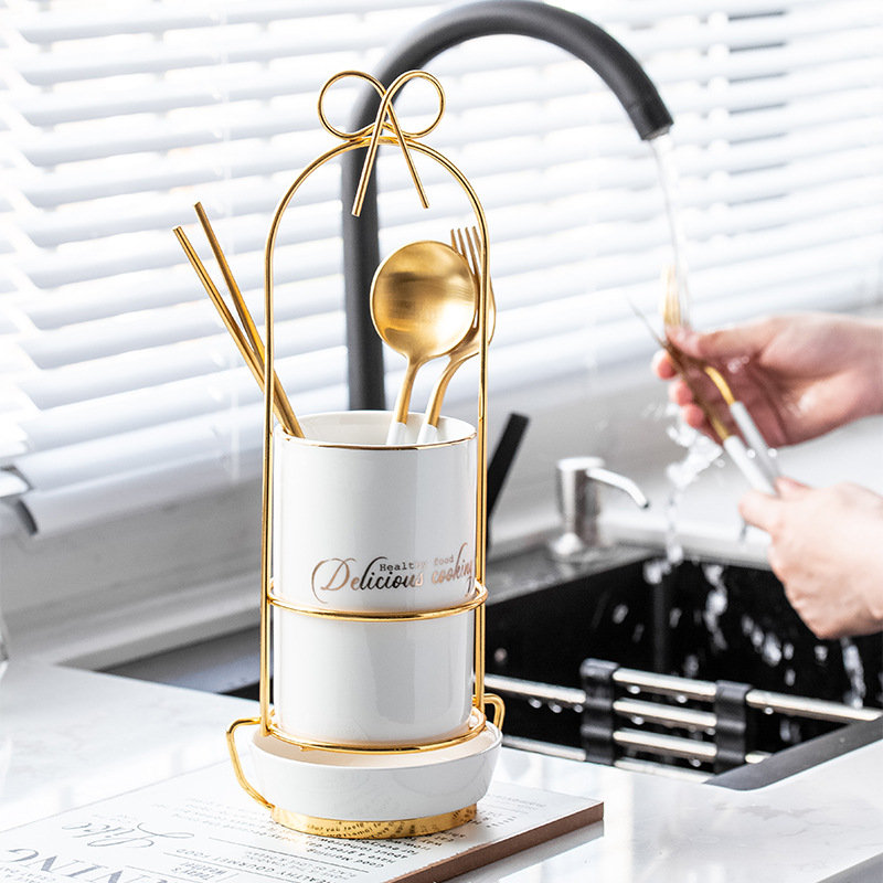 Light Luxury Ceramic Chopsticks Holder Household Kitchen Chopsticks Cage Chopsticks Draining Rack Creative Knife, Fork and Spoon Storage Draining Basket