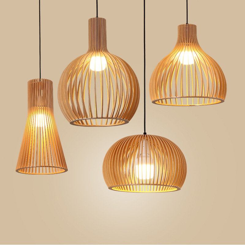 Cage Chandelier Creative Restaurant Bar Bar Teahouse Hot Pot Restaurant Lamp German Bird Cage Solid Wood Small Droplight