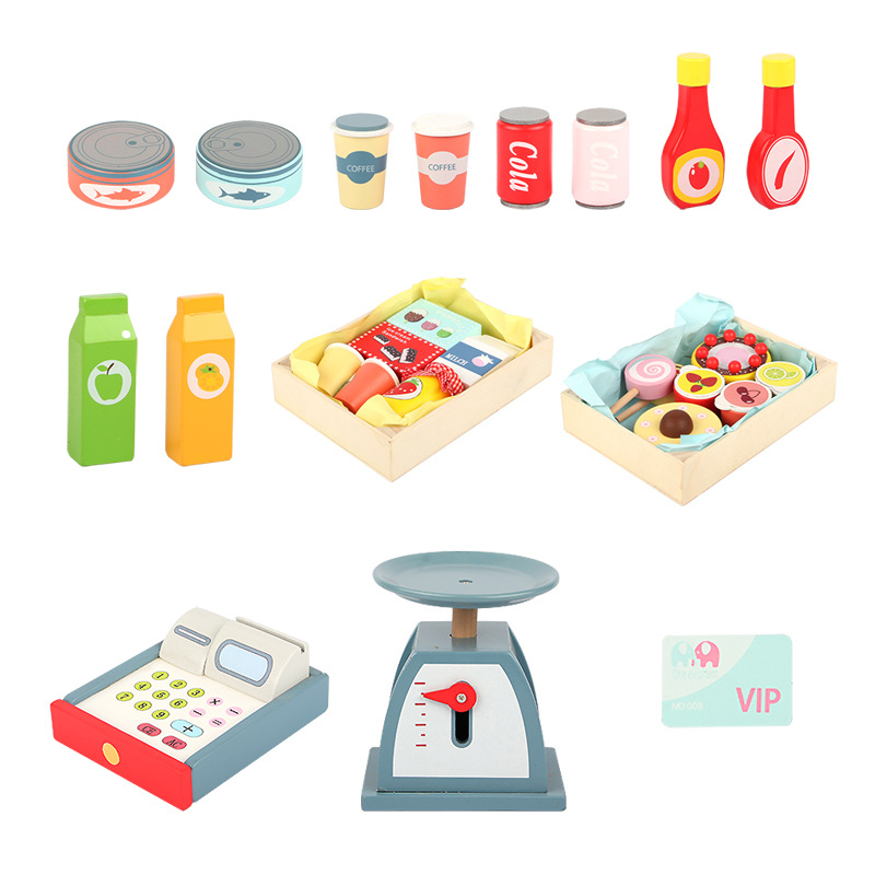 Simulation Convenience Store Stall Fruit Drinks Ingredients Cash Register Electronic Scale Boys and Girls Wooden Play House Toys