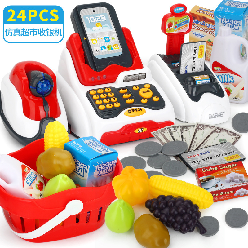 Cross-Border Children&#039;s Simulation Cash Register Supermarket Credit Card Toy Vegetable and Fruit Vending Machine Shopping Basket Set Combination