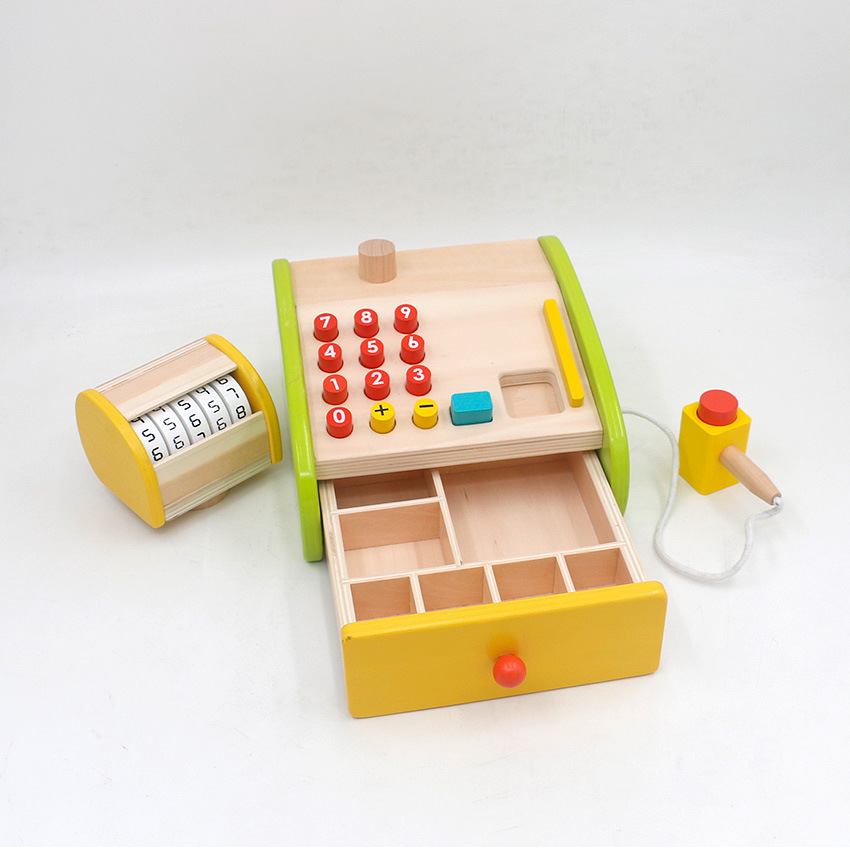 Children&#039;s Wooden Simulation Supermarket Cash Register Kindergarten Play House Supermarket Cashier Machine Early Education Educational Wooden Toys