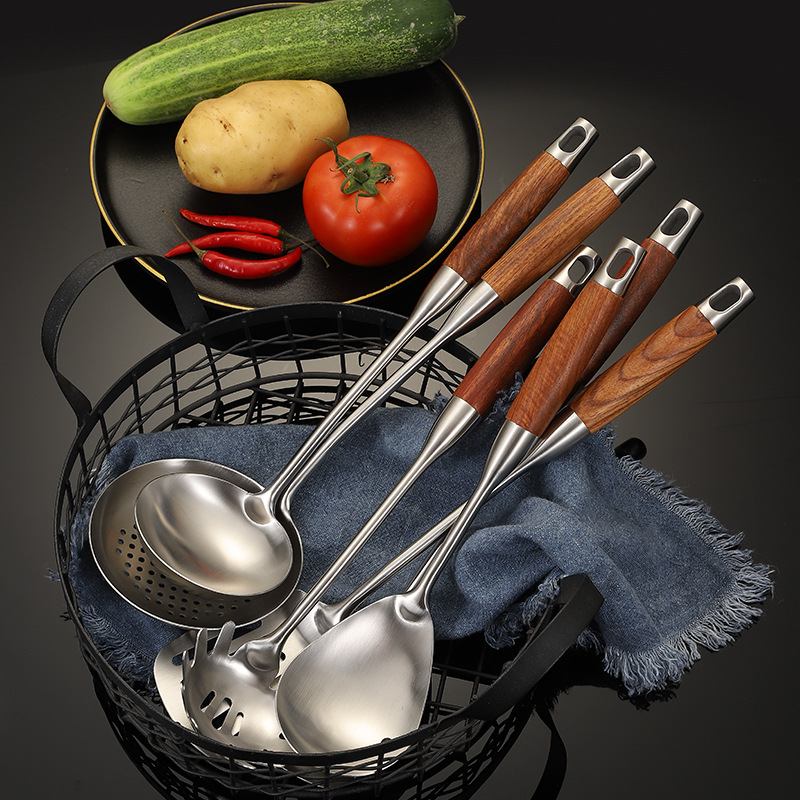 Stainless Steel 304 Rosewood Kitchenware Spatula Cooking Spatula Soup Spoon Colander Cooking Spatula Set Factory Wholesale