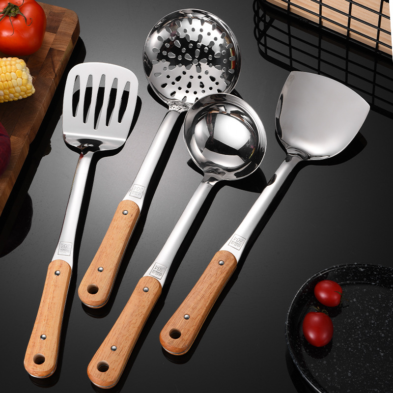 304 Stainless Steel Spatula Wood Grain Handle Kitchenware Thickened Kitchen Spatula Cooking Spoon Colander Suit