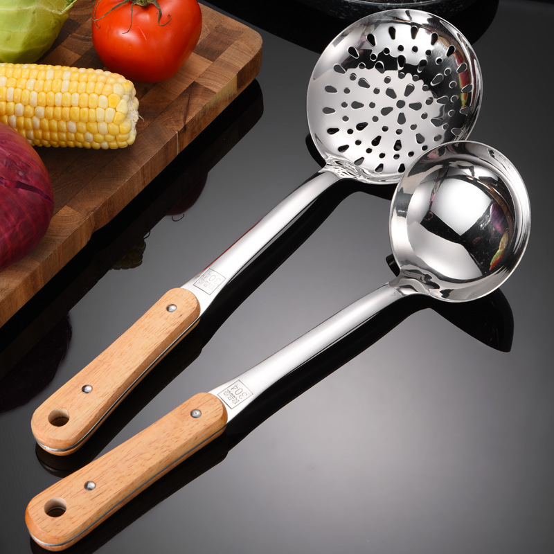 304 Stainless Steel Spatula Wood Grain Handle Kitchenware Thickened Kitchen Spatula Cooking Spoon Colander Suit