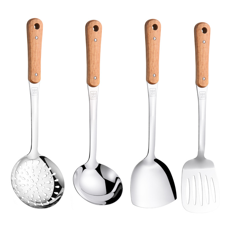 304 Stainless Steel Spatula Wood Grain Handle Kitchenware Thickened Kitchen Spatula Cooking Spoon Colander Suit