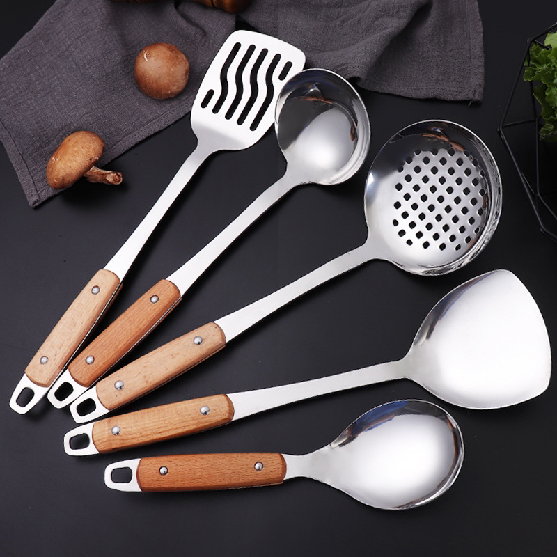 Thickened Non-Magnetic Stainless Steel Spatula Colander Suit Kitchen Wooden Handle Big Strainer Spatula Cooking Spoon Wholesale