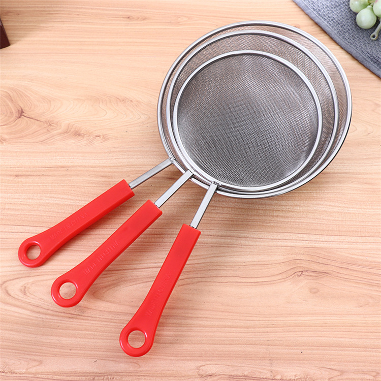 Red Handle Stainless Steel Edge-Covered Twill Mesh Oil Grid Home Baking Oil Fishing Bird&#039;s Nest Soybean Milk Colander Yuan Shop Wholesale