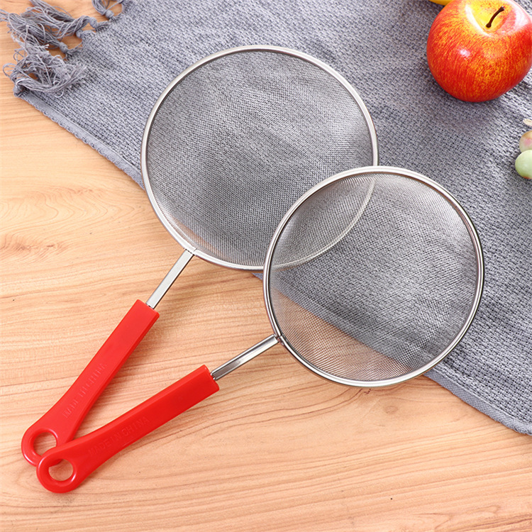 Red Handle Stainless Steel Edge-Covered Twill Mesh Oil Grid Home Baking Oil Fishing Bird's Nest Soybean Milk Colander Yuan Shop Wholesale Red Handle Stainless Steel Edge-Covered Twill Mesh Oil Grid Home Baking Oil Fishing Bird's Nest Soybean Milk Colander Yuan Shop Wholesale