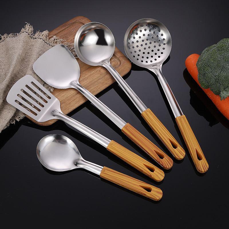 Household Kitchen Stainless Steel Wood Grain Kitchenware Thickened Spatula Colander Spatula with a Wooden Handle Meal Spoon Wholesale
