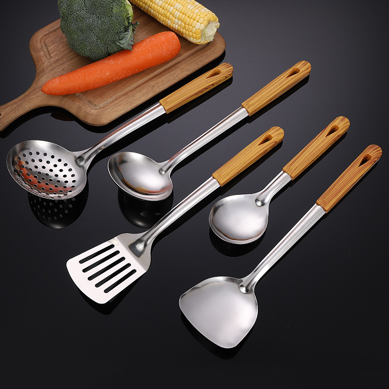 Household Kitchen Stainless Steel Wood Grain Kitchenware Thickened Spatula Colander Spatula with a Wooden Handle Meal Spoon Wholesale