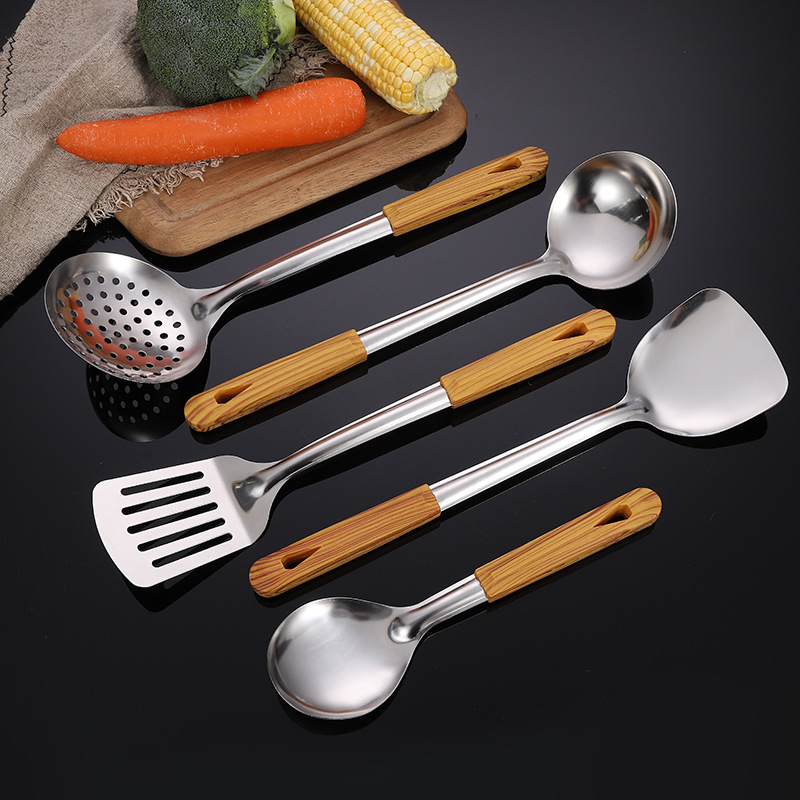 Household Kitchen Stainless Steel Wood Grain Kitchenware Thickened Spatula Colander Spatula with a Wooden Handle Meal Spoon Wholesale