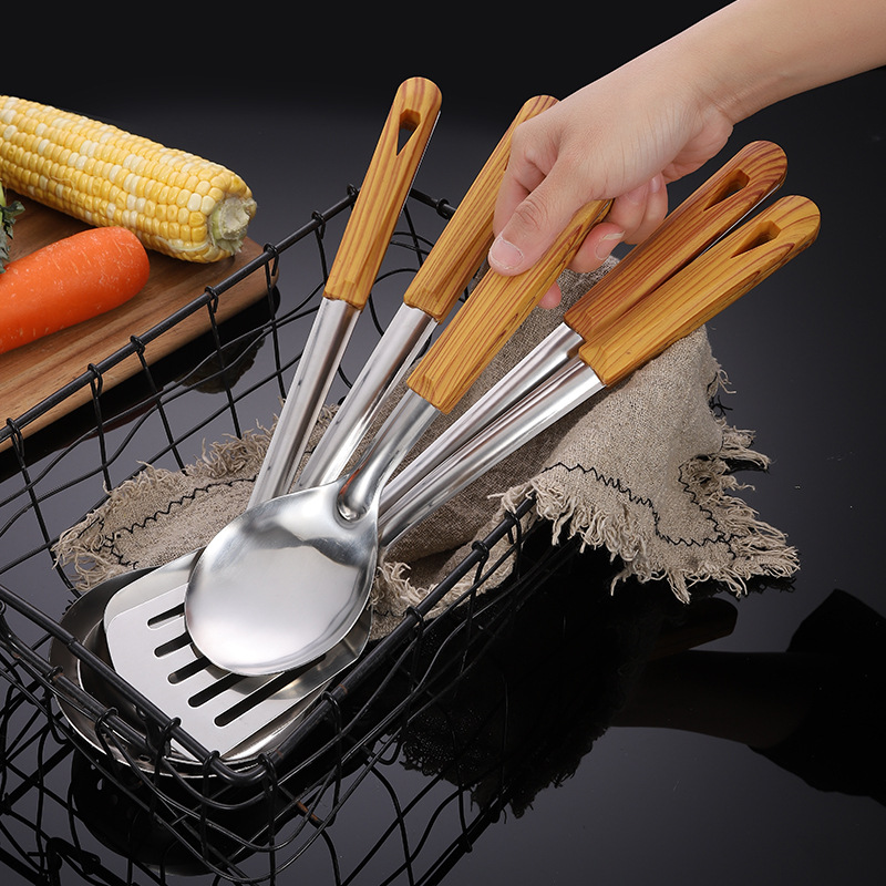 Household Kitchen Stainless Steel Wood Grain Kitchenware Thickened Spatula Colander Spatula with a Wooden Handle Meal Spoon Wholesale