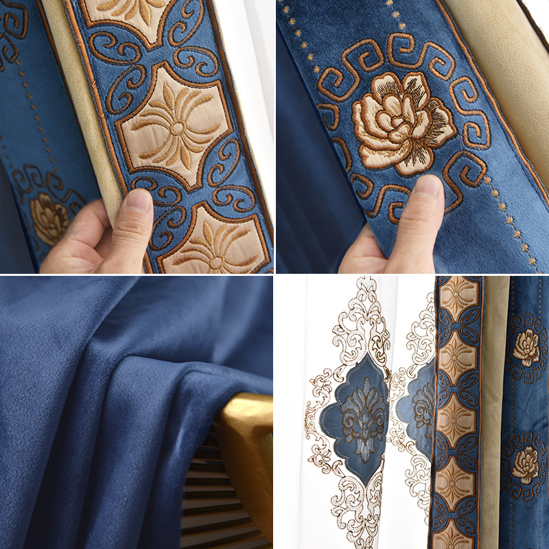 High-End Dutch Flannel Shading Curtain Fabric Embroidered Lace Living Room European Style Velvet Cloth Stitching Curtain Customization