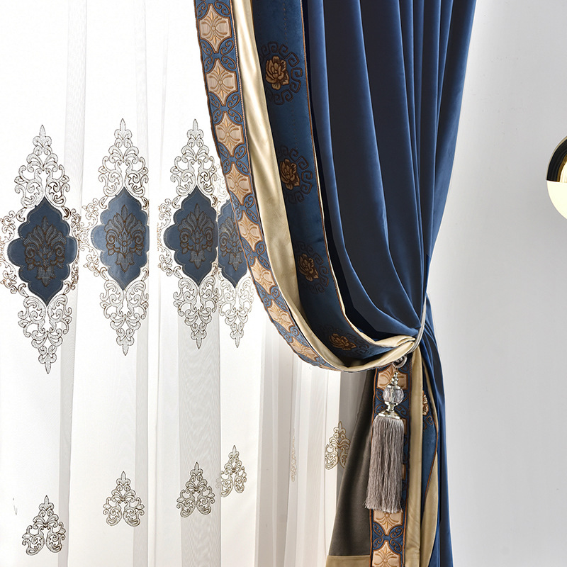 High-End Dutch Flannel Shading Curtain Fabric Embroidered Lace Living Room European Style Velvet Cloth Stitching Curtain Customization
