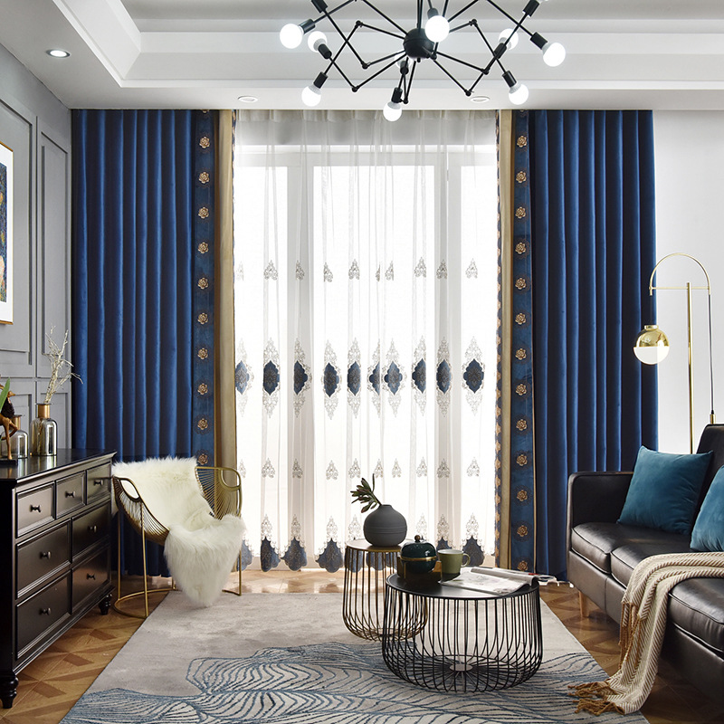 High-End Dutch Flannel Shading Curtain Fabric Embroidered Lace Living Room European Style Velvet Cloth Stitching Curtain Customization
