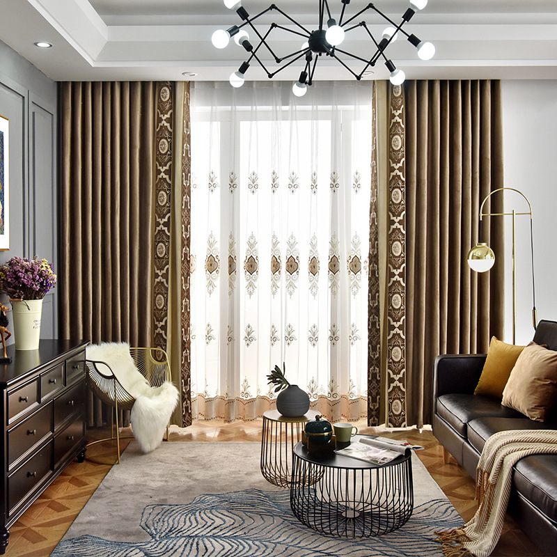 High-End Dutch Flannel Shading Curtain Fabric Embroidered Lace Living Room European Style Velvet Cloth Stitching Curtain Customization
