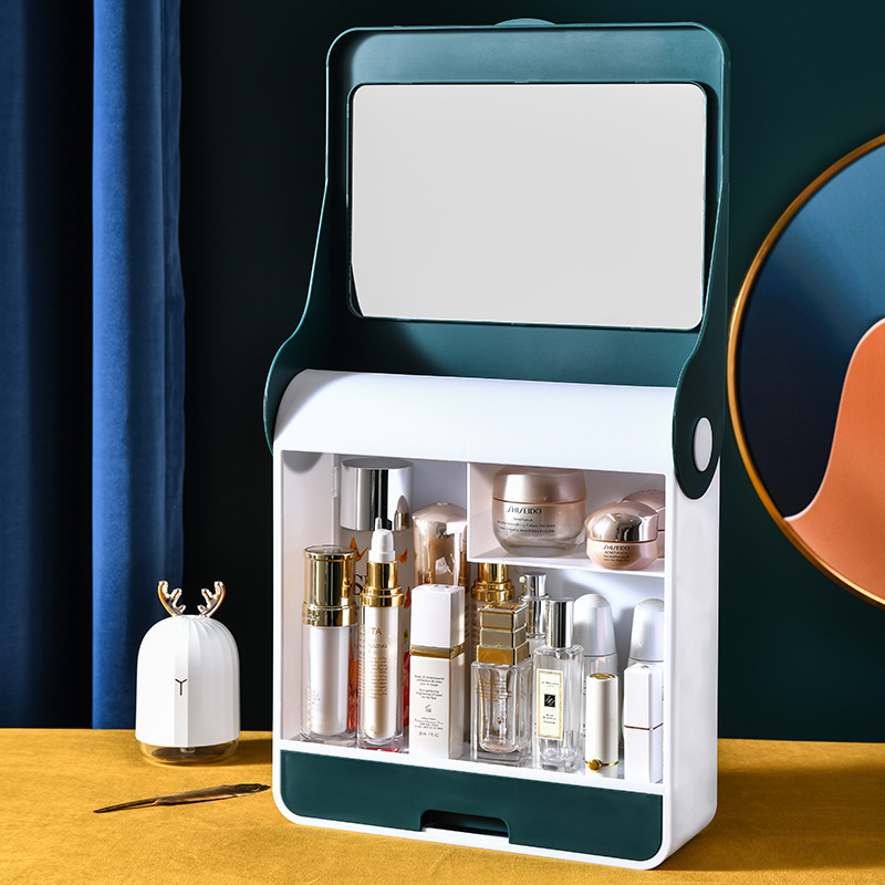 Creative Cosmetics Storage Box Wall-Mounted Punch-Free Dustproof Bathroom Wall Mountable Shelf Lift the Lid with Mirror Cosmetic Case