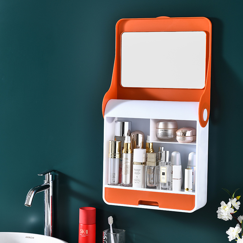 Creative Cosmetics Storage Box Wall-Mounted Punch-Free Dustproof Bathroom Wall Mountable Shelf Lift the Lid with Mirror Cosmetic Case
