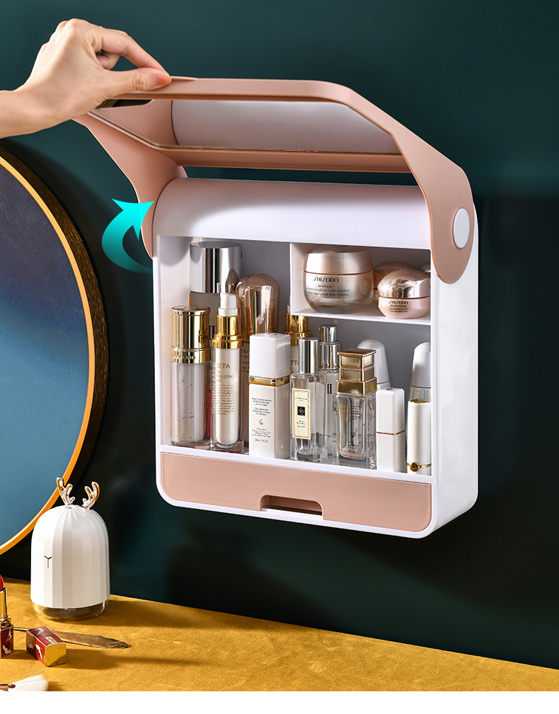 Creative Cosmetics Storage Box Wall-Mounted Punch-Free Dustproof Bathroom Wall Mountable Shelf Lift the Lid with Mirror Cosmetic Case Creative Cosmetics Storage Box Wall-Mounted Punch-Free Dustproof Bathroom Wall Mountable Shelf Lift the Lid with Mirror Cosmetic Case
