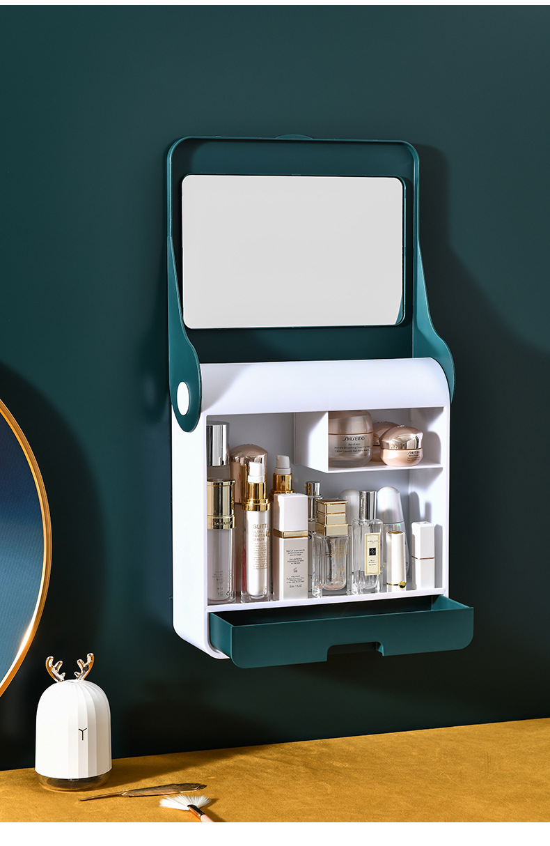 Creative Cosmetics Storage Box Wall-Mounted Punch-Free Dustproof Bathroom Wall Mountable Shelf Lift the Lid with Mirror Cosmetic Case Creative Cosmetics Storage Box Wall-Mounted Punch-Free Dustproof Bathroom Wall Mountable Shelf Lift the Lid with Mirror Cosmetic Case