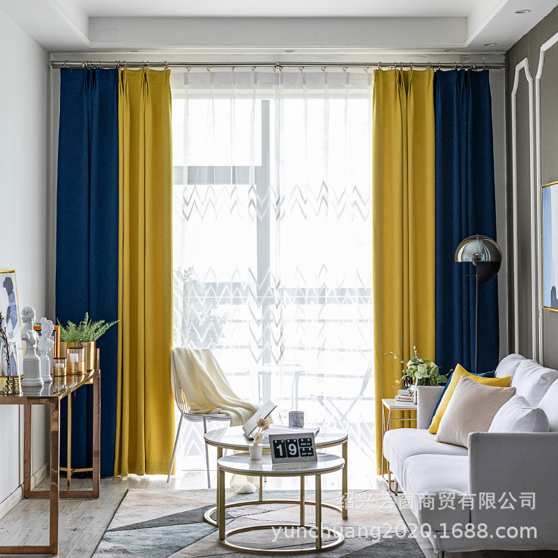 New Nordic Simple Color Contrast Patchwork Cashmere Curtain Full Shading Finished Large Herringbone Curtain Fabric Wholesale