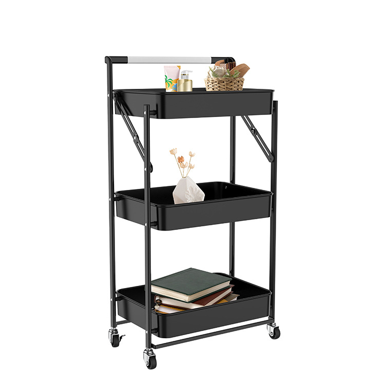 Installation-Free Folding Trolley Storage Rack Floor Multi-Layer Shelf Kitchen Bathroom Bedroom Movable Storage Car