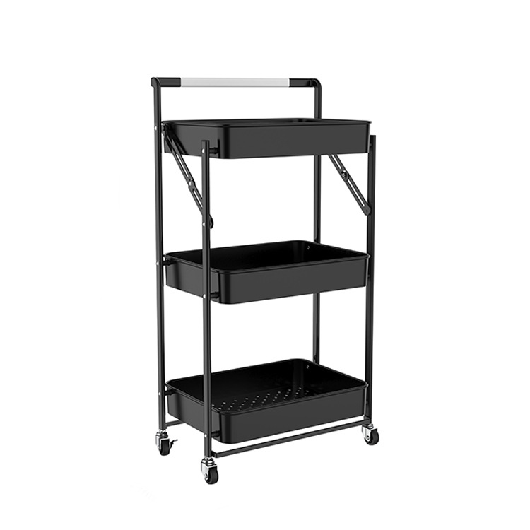 Installation-Free Folding Trolley Storage Rack Floor Multi-Layer Shelf Kitchen Bathroom Bedroom Movable Storage Car