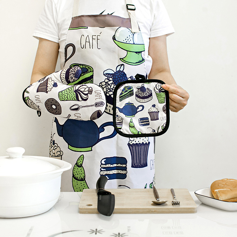 Cross-Border Kitchen Waterproof Oil-Proof Heat Insulation Set Oven Gloves Microwave Insulation Pad Apron Waterproof 3-Piece Set