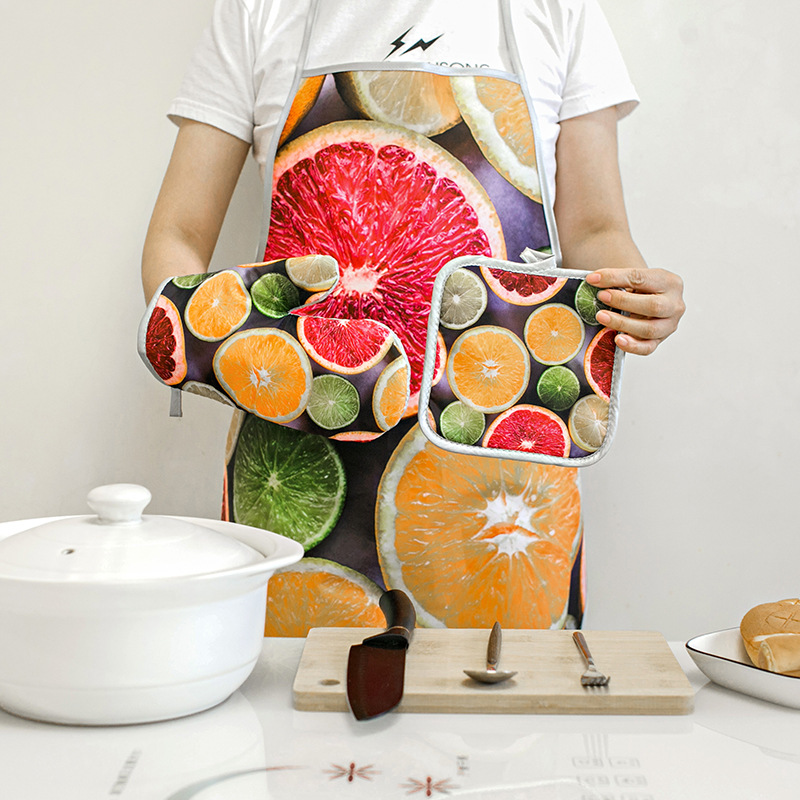 Cross-Border Kitchen Waterproof Oil-Proof Heat Insulation Set Oven Gloves Microwave Insulation Pad Apron Waterproof 3-Piece Set