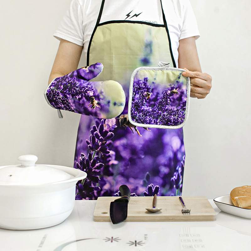 Cross-Border Kitchen Waterproof Oil-Proof Heat Insulation Set Oven Gloves Microwave Insulation Pad Apron Waterproof 3-Piece Set