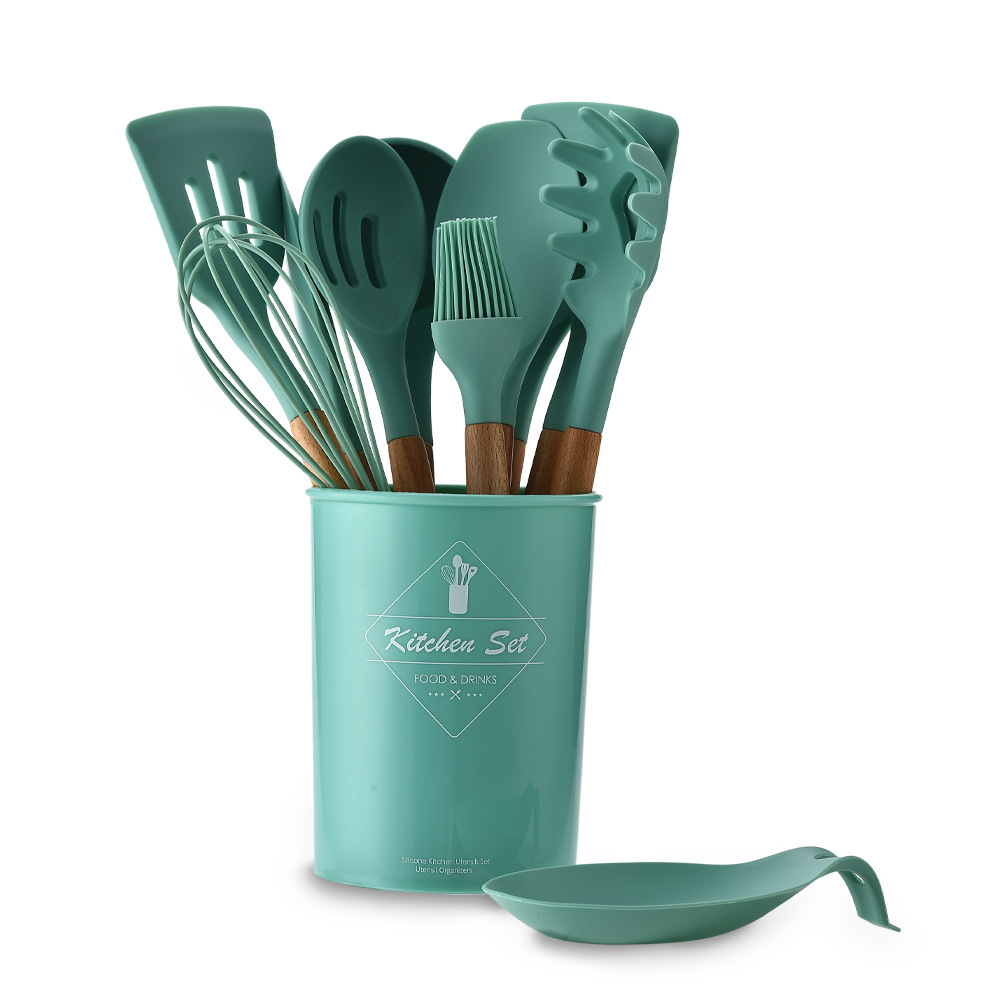 Cross-border green 12-piece set of silicone kitchen utensils and appliances with wooden handle non-stick high temperature resistant silicone spatula kitchen utensils and appliances