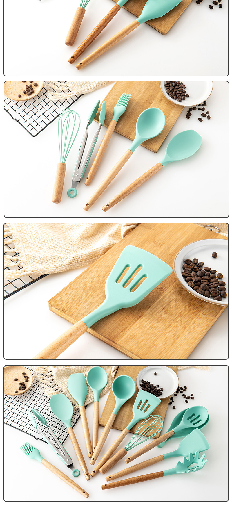 Cross-border green 12-piece set of silicone kitchen utensils and appliances with wooden handle non-stick high temperature resistant silicone spatula kitchen utensils and appliances