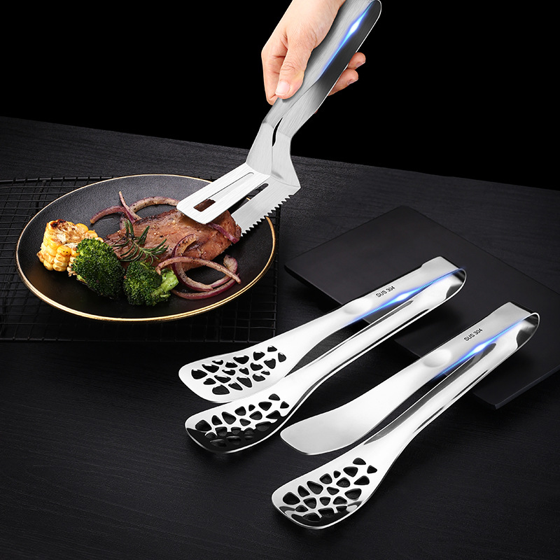 304 Steak Spatula Stainless Steel Food Clamp Food Clip Multi-Functional BBQ Clamp Shovel for Frying Fish Barbecue Clip Pancakes with Teeth