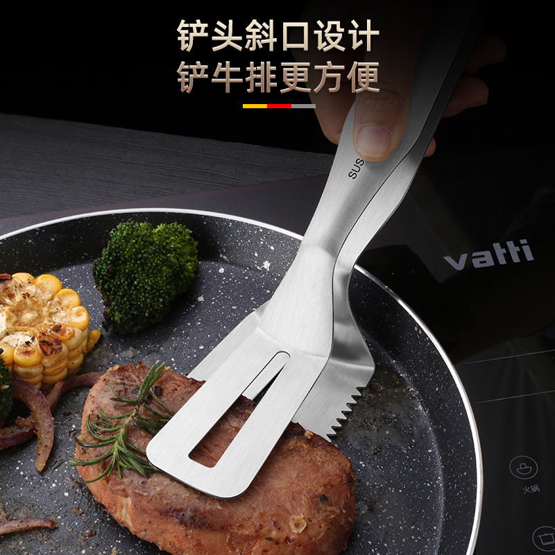 304 Steak Spatula Stainless Steel Food Clamp Food Clip Multi-Functional BBQ Clamp Shovel for Frying Fish Barbecue Clip Pancakes with Teeth