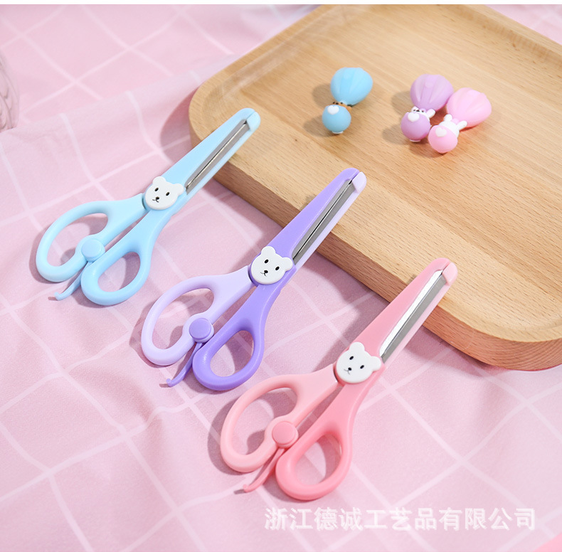 Factory Direct Sales 5-Inch Full Plastic round Head Cute Bear Scissors Children's Safety Scissors
