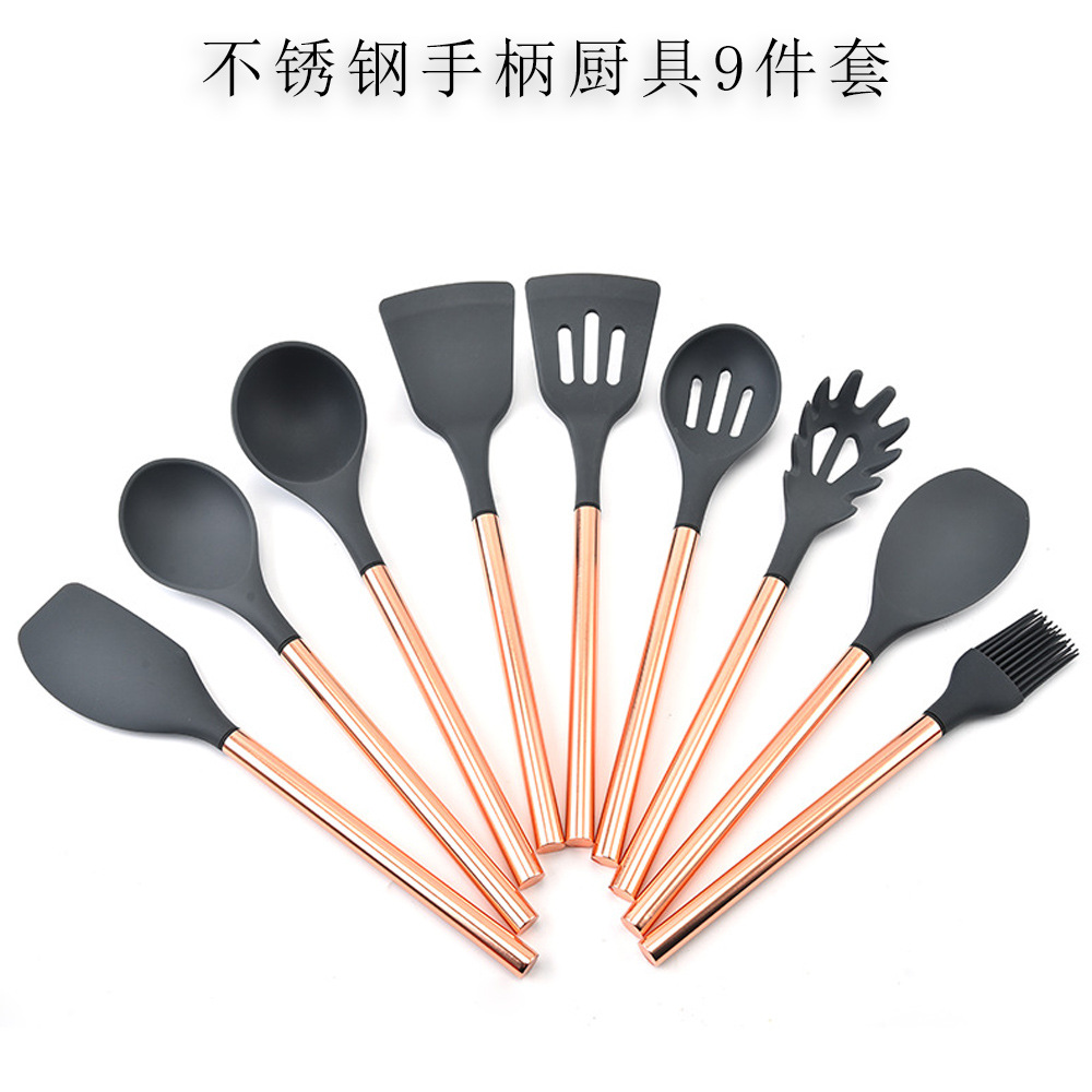 Silicone Kitchenware Nine-Piece Set Stainless Steel Rose Gold Handle Electroplating Craft Spatula Silicone Spatula Cooking Spoon