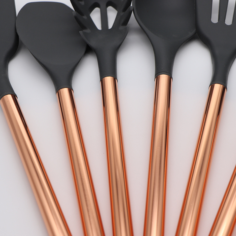 Silicone Kitchenware Nine-Piece Set Stainless Steel Rose Gold Handle Electroplating Craft Spatula Silicone Spatula Cooking Spoon