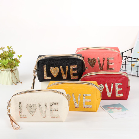 2019 hot-selling Korean version of fashion simple PU skin pure color LOVE makeup bag zipper storage bag multi-color wash bag