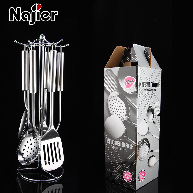 In Stock Wholesale Gift Box Matching Kitchenware Rack with Magnetic Stainless Steel Kitchenware round Handle Cooking Spatula Set
