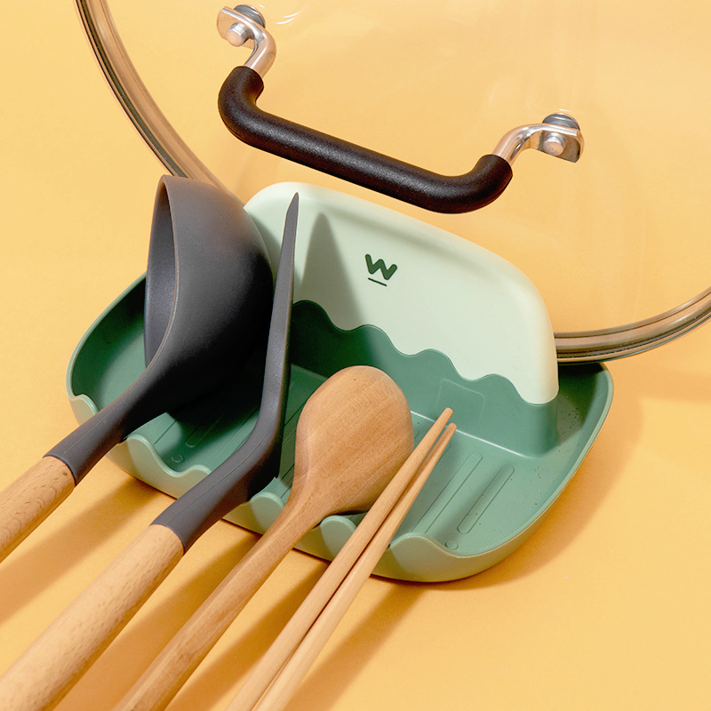 Pot Cover Rack Desktop Kitchen Countertop with Water Collection Tray Household Lid Holder Chopping Board Rack Spatula and Soup Spoon Storage Rack