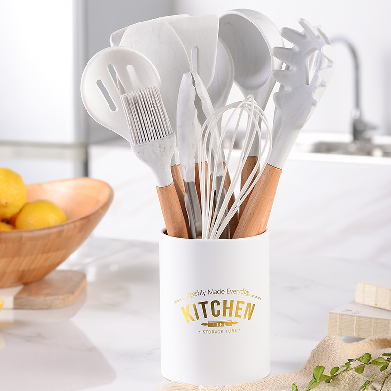 Marbling Silicone Kitchenware 11-Piece Set Non-Stick Pan Spatula Cooking Ladel Storage Bucket Kitchenware Set