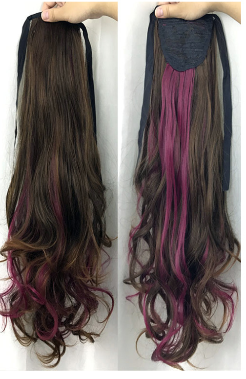 Wig Ponytail Long Curly Hair Bandage Women&#039;s Colorful Highlights Ponytail Hair Extension Piece Purple Blue