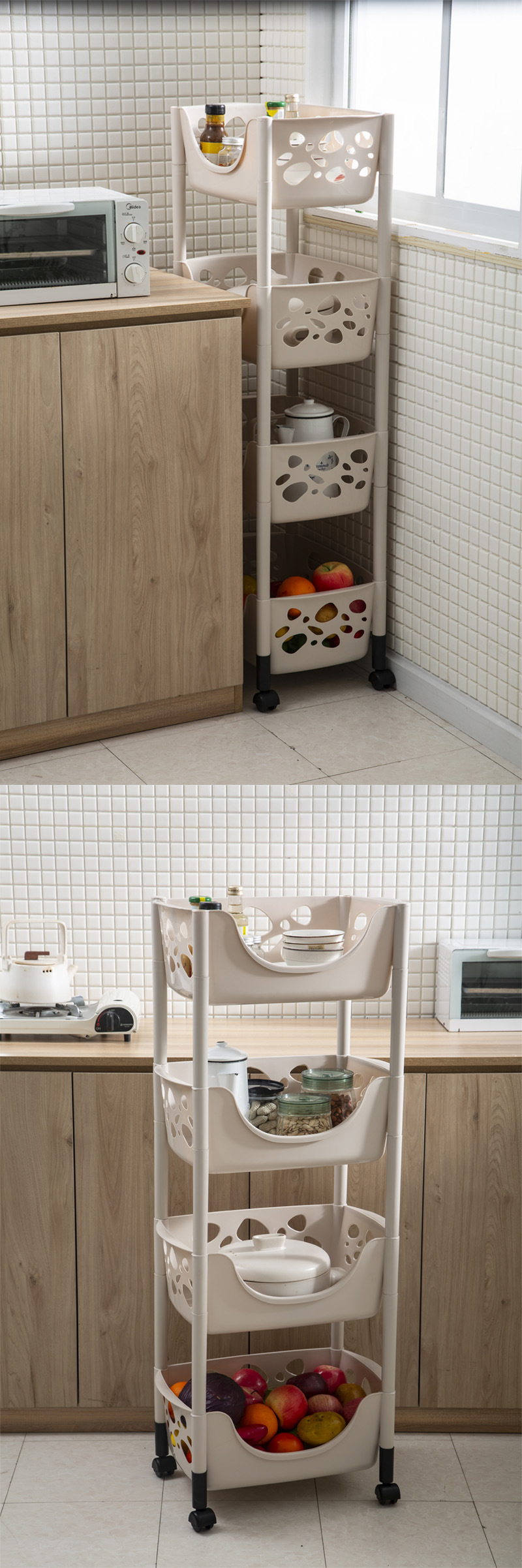 Factory Direct Sales Kitchen Draining Rack Bathroom Storage Plastic Basket Movable Hollow Draining Storage Rack with Wheels