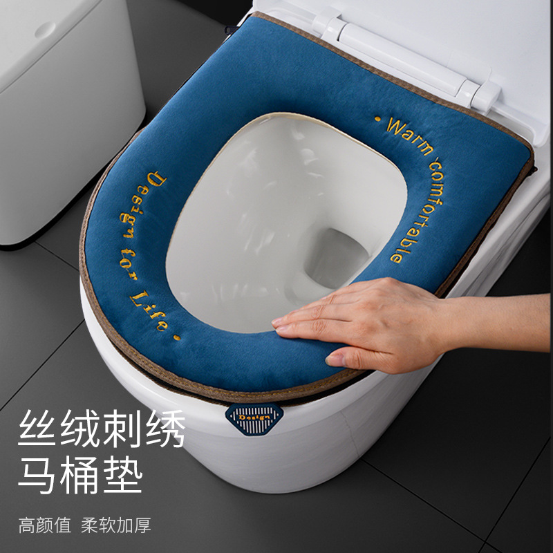 Velvet Embroidery Toilet Seat Cushion Household Thickened Toilet Seat Cover Zipper Toilet Seat Winter Handle Waterproof Toilet Seat Cover Toilet Seat Cover